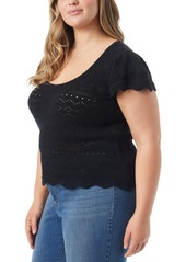 Jessica Simpson Trendy Plus Size Jette Pointelle Short-Sleeve Sweater Top - Black