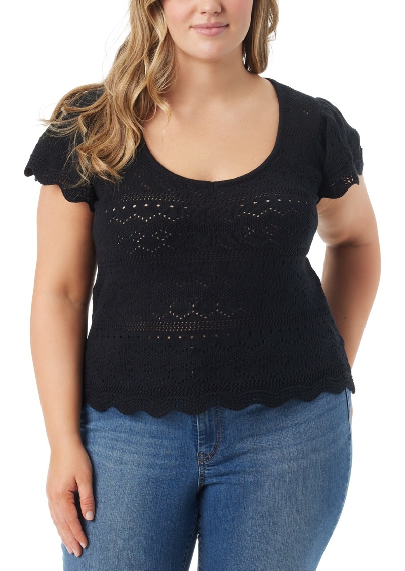 Jessica Simpson Trendy Plus Size Jette Pointelle Short-Sleeve Sweater Top - Black