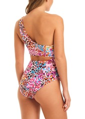 Jessica Simpson Women's Abstract-Print One-Shoulder Swimsuit - Pink Multi