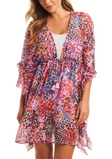 Jessica Simpson Women's Abstract-Print Side-Frill Cover-Up Dress - Pink Multi