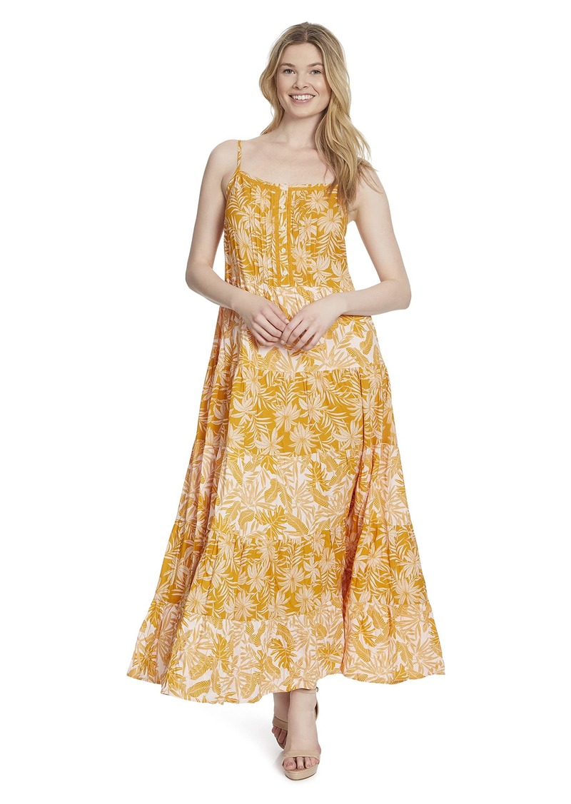 Jessica Simpson Women's Alanis 5 Tiered Maxi Dress Palm Bliss-Sunflower/JUNGL