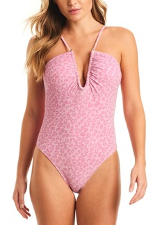 Jessica Simpson Women's Animal-Print Metallic-Threaded One-Piece Swimsuit - Sparkly Pink