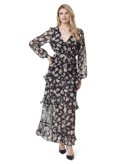 Jessica Simpson Women's Baianca V-Neck Ruffle Maxi Dress Pressed FLORETS-Black/DRAF