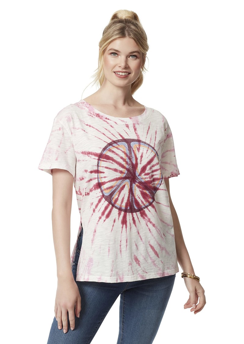 Jessica Simpson Women's Chelsea Side Slit Graphic Tee Shirt Peace Sign-SPINWHEEL TIE DYE