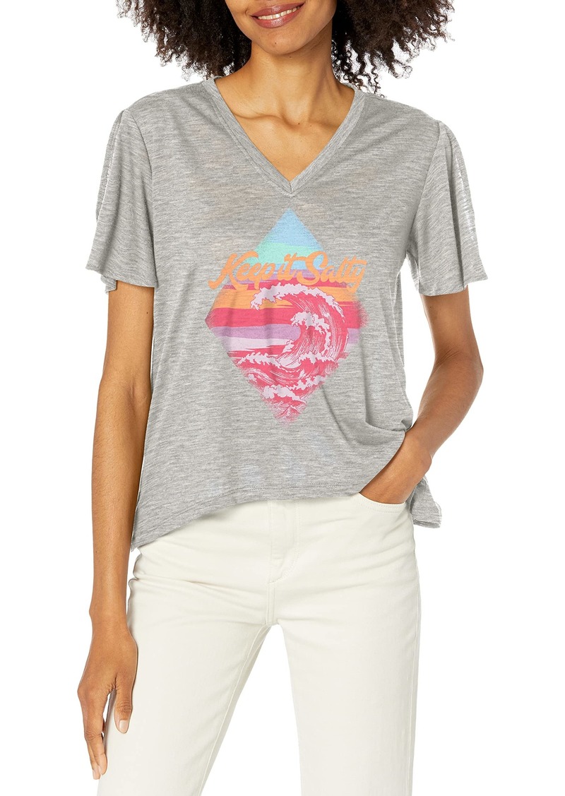 Jessica Simpson Women's Frankie Boat Neckline Split Sleeve Graphic Tee Shirt Light Heather Grey-Keep It Salty