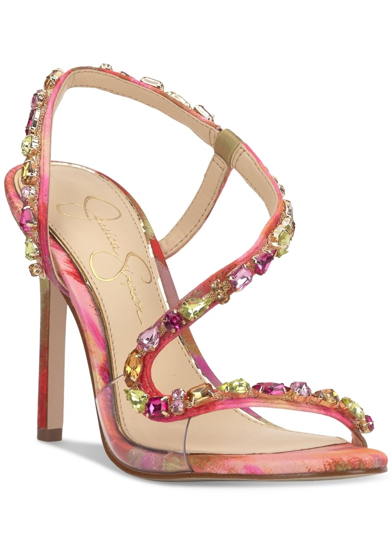 Jessica Simpson Women's Jaycin Barely-There Rhinestone Evening Sandals - Pink/Red Combo Floral Fantasy Satin