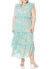 Jessica Simpson Women's Plus Size Katie Ruffle Trim Three Tier Maxi Dress Marine Blue-Paisley Grove