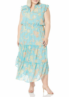 Jessica Simpson Women's Katie Ruffle Trim Three Tier Maxi Dress Marine Blue-Paisley Grove