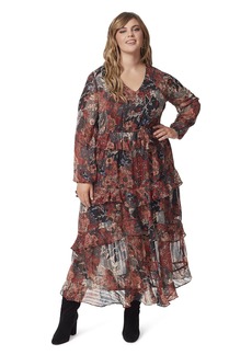 Jessica Simpson Women's Plus Size Baianca V-Neck Ruffle Maxi Dress Autumn Memories-MACADAMA