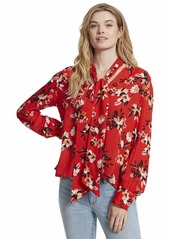 Jessica Simpson Women's Plus Size Dazed Neck Tie Long Sleeve Twilly Blouse Fiery RED-SPORADIC Blooms