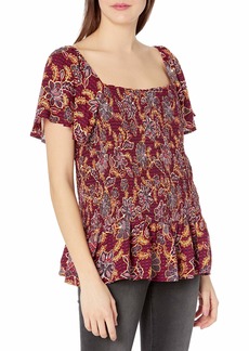 Jessica Simpson Women's Marie Flutter Sleeve Smocked Blouse RED Dahlia Moroccan Blooms
