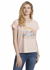 Jessica Simpson Women's Sawyer Petal Short Sleeve Graphic Tee Shirt CALI Desert-Peachskin Ground