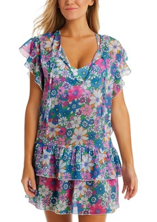Jessica Simpson Women's Printed Crazy Daisy Tiered Flutter-Sleeve Tie-Neck Swim Cover-Up - Multi