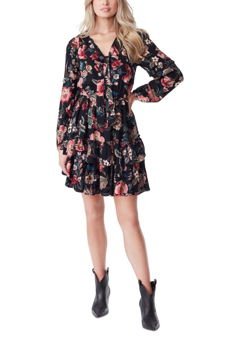 Jessica Simpson Women's Reina Floral-Print Ruffled Tiered Dress - Arcadian Blooms- Black