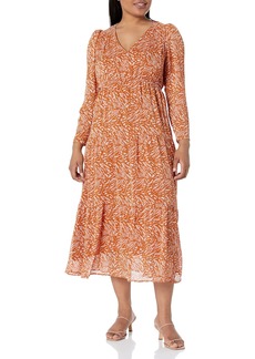 Jessica Simpson Women's Rylie Long Sleeve 3-Tiered Dress Watercolor Ripple-Caramel CAFÉ