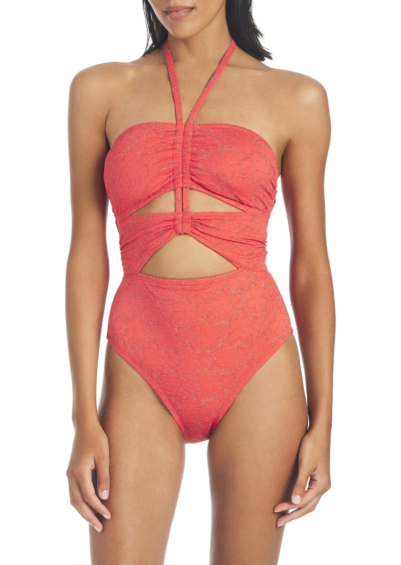 Jessica Simpson Women's Standard Ruched Front Halter One-Piece Swimsuit