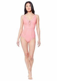 Jessica Simpson Women's Standard V Neck One Piece Swimsuit Bathing Suit  L
