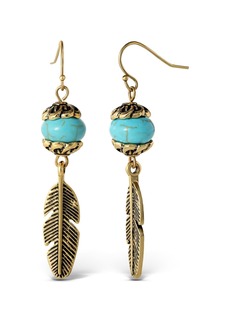 Jessica Simpson Womens Turquoise Bead Feather Drop Earrings - Oxidized Gold-Tone or Silver-Tone Turquoise Earrings - Gold