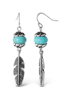 Jessica Simpson Womens Turquoise Bead Feather Drop Earrings - Oxidized Gold-Tone or Silver-Tone Turquoise Earrings - Silver