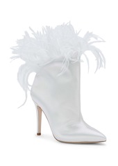 JESSICA SIMPSON Prixey Feather Trim Pointed Toe Bootie in White Satin at Nordstrom