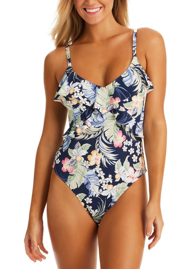 Jessica Simpson Womens Floral Ruffled One-Piece Swimsuit