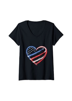 Womens 4th Of July Retro Fighter Jet Airplane American Flag Heart V-Neck T-Shirt