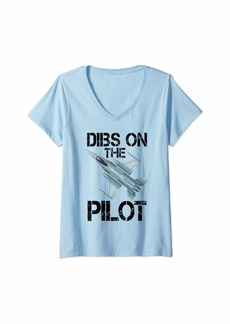 Womens Dibs On The Pilot Jet Plane Pilot V-Neck T-Shirt