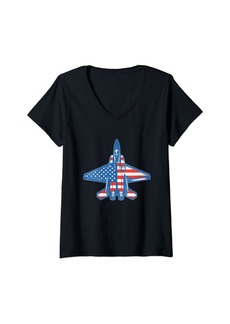 Womens Fighter Jet American Flag 4th of July Boys Girls Men Funny V-Neck T-Shirt