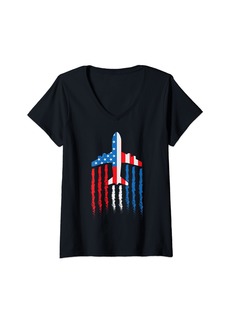 Womens Jet Fighter USA Airplane American Flag 4th Of July Patriotic V-Neck T-Shirt