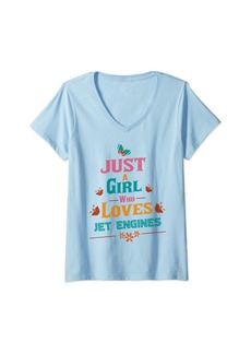 Womens Just a girl who loves Jet Engines V-Neck T-Shirt