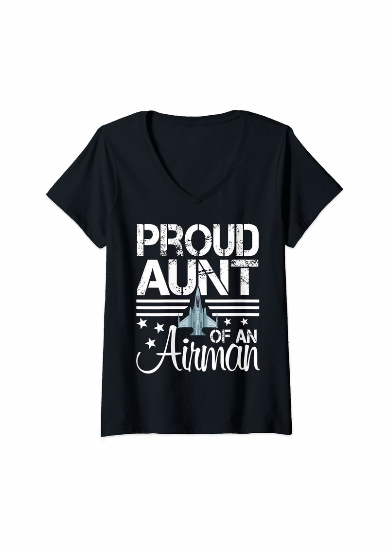 Womens Proud Aunt of An Airman Shirt Jet Plane Pilot V-Neck T-Shirt