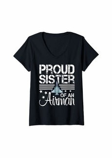 Womens Proud Sister of An Airman Jet Plane Pilot V-Neck T-Shirt