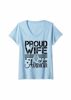 Womens Proud Wife of An Airman Jet Plane Pilot V-Neck T-Shirt