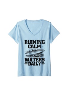 Womens Running Calm Waters Daily Jetboat Captain Jet Boating V-Neck T-Shirt