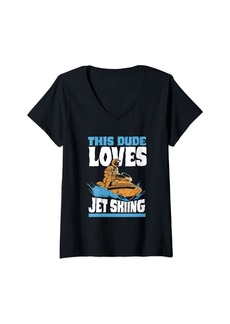 Womens This Dude Loves Jet Skiing Water Skiing Wakeboarding V-Neck T-Shirt