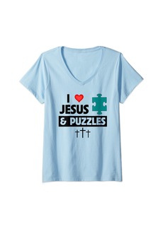 Womens I Love Jesus and Jigsaw Puzzles Fun Game Christian Cross V-Neck T-Shirt