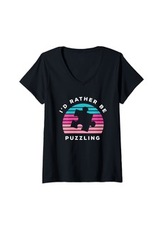 Womens I'd Rather Be Puzzling | Jigsaw Puzzle V-Neck T-Shirt