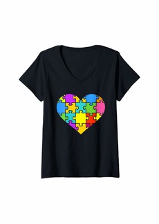 Womens Jigsaw puzzle heart V-Neck T-Shirt