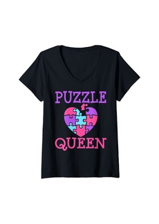 Womens Jigsaw Puzzle Queen Funny V-Neck T-Shirt
