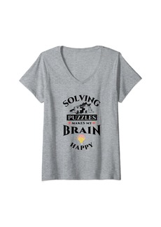 Womens Solving Puzzles Makes My Brain Happy Jigsaw Puzzle Puzzler V-Neck T-Shirt