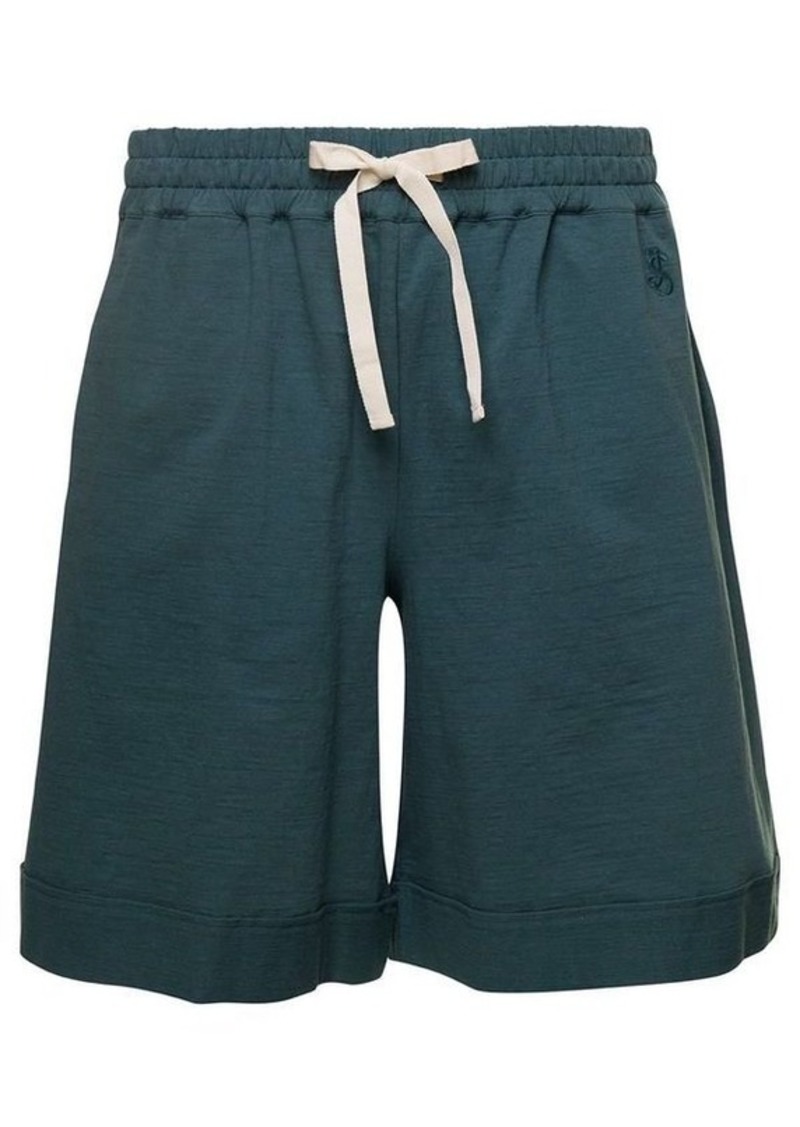 Jil Sander Petrol Green Shorts with Drawstring in Stretch Cotton Man
