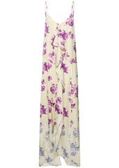 Jil Sander Rose Print Viscose Satin Long Dress