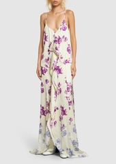 Jil Sander Rose Print Viscose Satin Long Dress