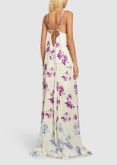 Jil Sander Rose Print Viscose Satin Long Dress