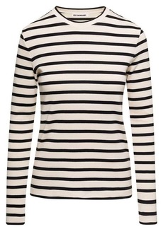 Jil Sander Striped T-Shirt with Long Sleeves and Logo on the Back  Black and White Cotton Woman