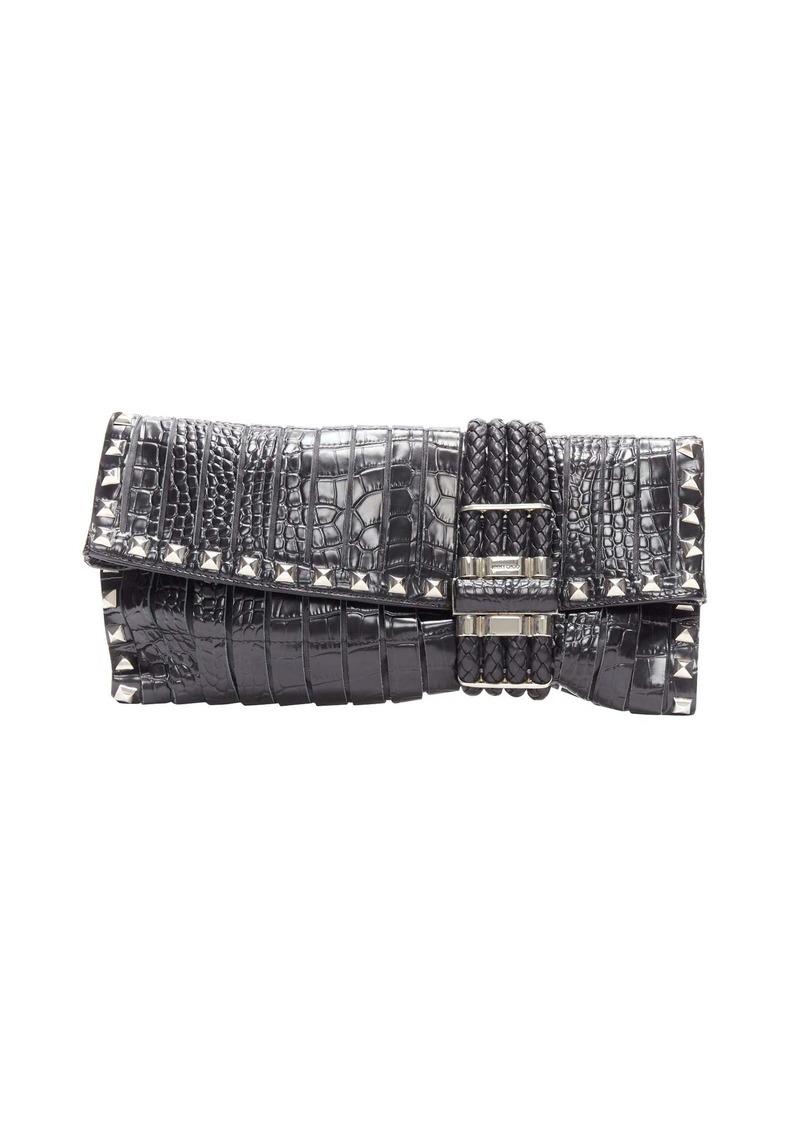 JIMMY CHOO Chandra black croc embossed silver studs woven magnet clasp clutch bag