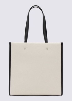 JIMMY CHOO WHITE CANVAS AND BLACK LEATHER TOTE BAG