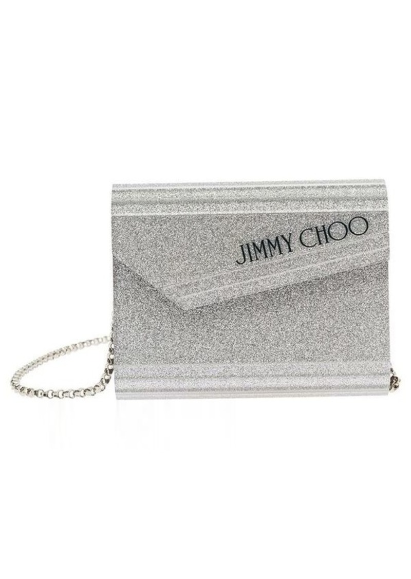 Jimmy Choo Silver Compact Clutch Bag with Chain and Logo Detail in Glitter Acrylic Woman