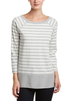 Joan Vass Women's 3/4 Sleeve Silk Hem Striped Top