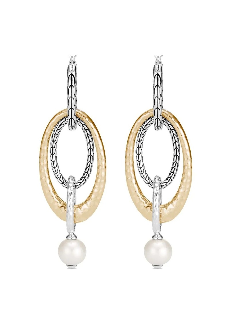 John Hardy 18kt yellow gold and silver Classic Chain interlink hammered pearl drop earrings